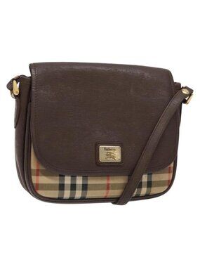 Authentic Burberrys Nova Check Shoulder Bag Leather Canvas Beige Gold